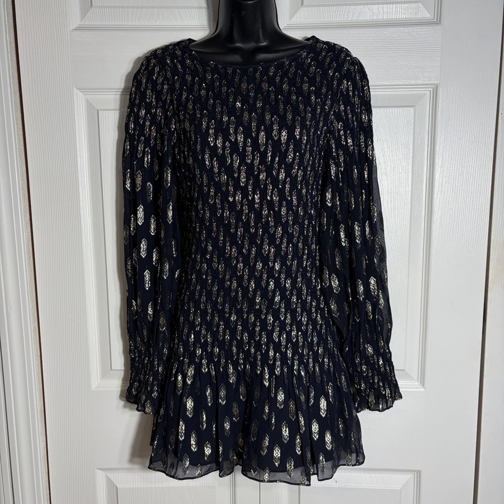 LoveShackFancy Scarlett Dress Women S Navy Gold Metallic Silk Blend Ruffle Hem